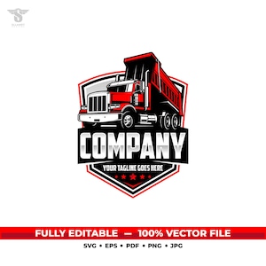 May include: A red and black dump truck logo with the word "COMPANY" in bold white letters. The logo is set against a white background and includes the text "YOUR TAGLINE GOES HERE".