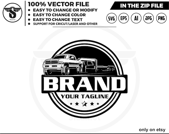 pickup and flatbed trailer silhouette logo - pickup and trailer logo - trailer towing logo - towing Company Logo, pickup and flatbed trailer