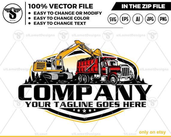 excavator loading dump truck logo - dump truck and excavator logo - digging logo - earth digging logo - dump truck svg - excavator svg