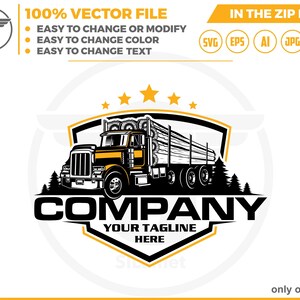Pode incluir: Design de logotipo em preto e branco com um caminhão amarelo de plataforma transportando toras de madeira com cinco estrelas acima. O caminhão está dentro de um escudo preto com o texto "COMPANY" em letras brancas em negrito e "YOUR TAGLINE HERE" em letras brancas menores abaixo.