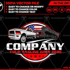 Könnte beinhalten: Vektorgrafik-Design mit einem weißen Pickup-Truck, der einen schwarzen Anhänger zieht, mit einer amerikanischen Flagge im Hintergrund. Das Design enthält das Wort "COMPANY" und den Text "YOUR TAGLINE GOES HERE". Das Design enthält auch den Text "100% VECTOR FILE".