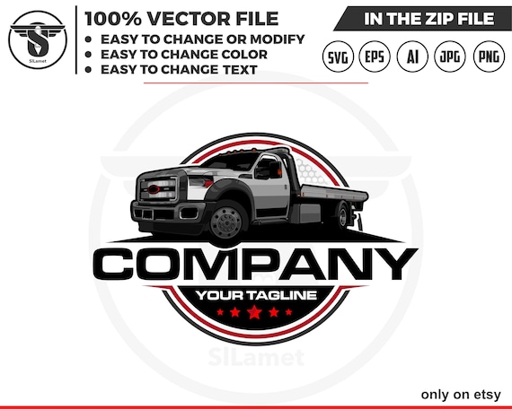 flatbed tow truck PICKUP logo - flatbed towing - towing truck logo - towing service logo