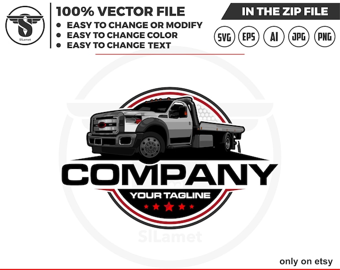 flatbed tow truck PICKUP logo - flatbed towing - towing truck logo - towing service logo