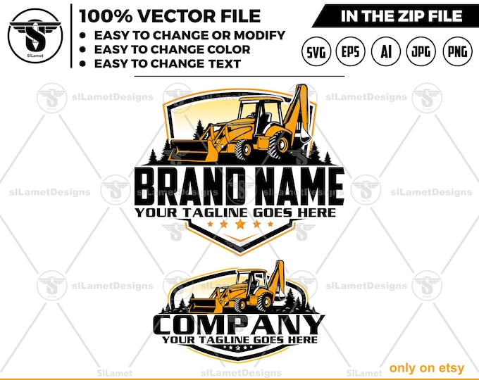 Backhoe Loader Logo  - Construction Equipment Logo Template  - Digital Download - Editable Vector Design
