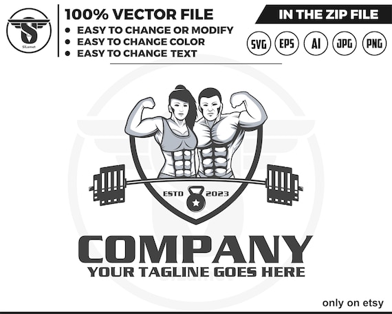 gym logo - Fitness Gym logo - muscular man and woman logo - weightlifting barbell