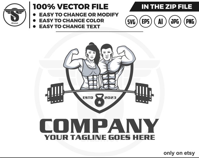 gym logo - Fitness Gym logo - muscular man and woman logo - weightlifting barbell