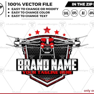 May include: A vector file design featuring a drone with a red and black color scheme, set against a shield shape. The design includes the text "BRAND NAME" and "YOUR TAGLINE HERE". Additional text indicates the file is easy to modify.
