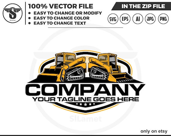 Skid steer loader and skid steer Crusher bucket, skid steer tracker logo, skid steer svg, Bulldozer logo SVG, Heavy Equipment logo Svg