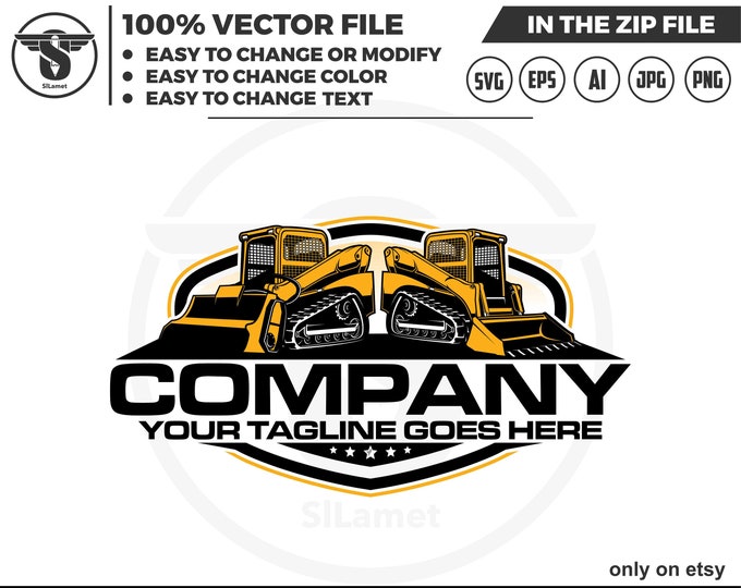 Skid steer loader and skid steer Crusher bucket, skid steer tracker logo, skid steer svg, Bulldozer logo SVG, Heavy Equipment logo Svg