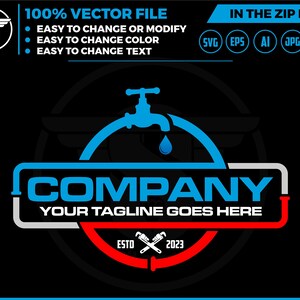 Op de afbeelding: Een blauw en rood logo voor een loodgietersbedrijf. Het logo toont een gestileerde kraan met een waterdruppel, een pijp en de tekst "COMPANY" met de slogan "YOUR TAGLINE GOES HERE". Het logo bevat ook de tekst "ESTO 2023".