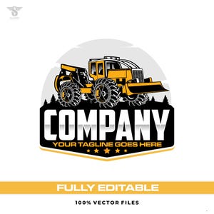 May include: A yellow and black construction vehicle logo with the word "COMPANY" in bold white letters. The tagline "YOUR TAGLINE GOES HERE" is below the company name. The logo includes a bulldozer and a forest.