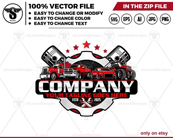 vehicle service logo - vehicle repair logo template - automotive logo - truck trailer, sport car, pickup truck and tractor - piston logo