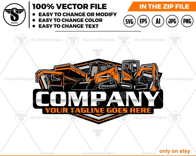 equipment vehicles logo - Skid steer loader, gooseneck dump trailer,  dump trailer, mini excavator - heavy equipment svg