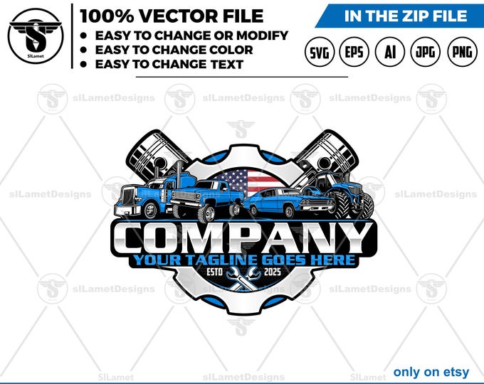 America vehicles repair logo - USA car repair logo template, auto fix logo, car service logo : truck, car, pickup, tractor