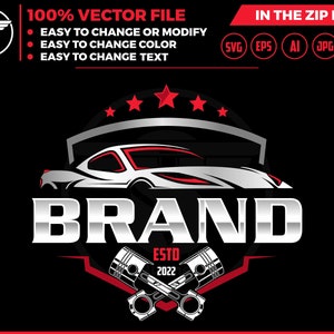 Puede incluir: Un diseño de logotipo plateado y rojo para una marca llamada "BRAND" establecida en 2022. El logotipo presenta un automóvil estilizado, dos pistones cruzados y cinco estrellas rojas.