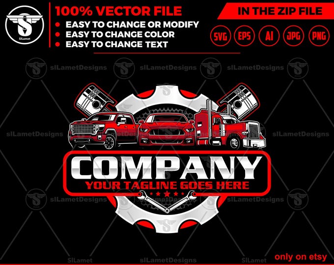 car service logo, car repair logo template,automotive logo, truck trailer, sport car and pickup, piston logo