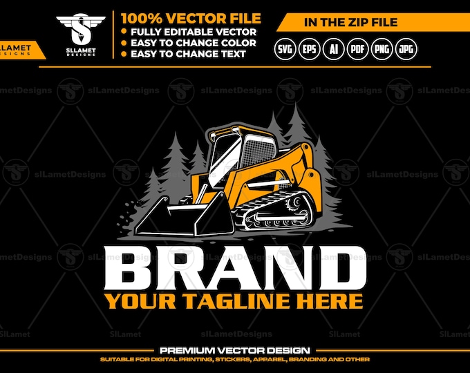 Skid Steer Logo Design : Compact Track Loader Vector, Construction, Bobcat Style Heavy Equipment Logo, Landscaping Excavation