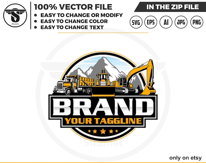 dump truck, bulldozer and excavator logo - equipment vehicles logo - heavy equipment logo - construction logo - digging logo - earth digging