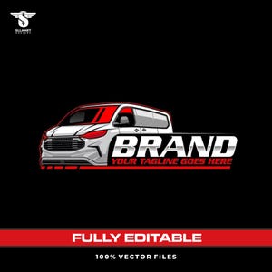 May include: A white and silver van logo with red accents, featuring the word "BRAND" in bold, metallic lettering. The tagline "YOUR TAGLINE GOES HERE" is below. The design is set against a black background.