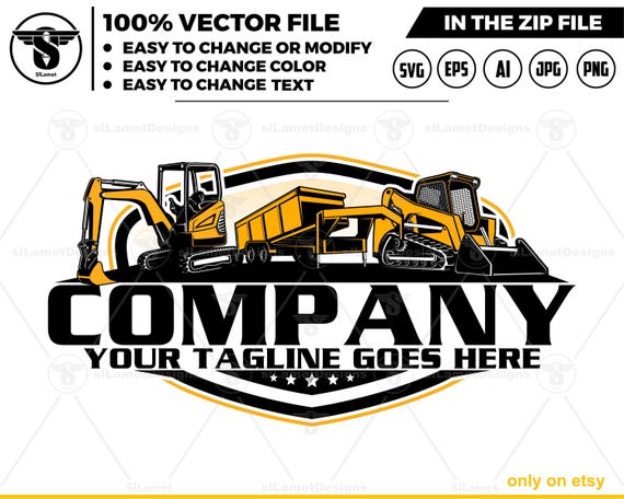 equipment vehicles logo - Skid steer loader, gooseneck dump trailer,  dump trailer, mini excavator - heavy equipment svg