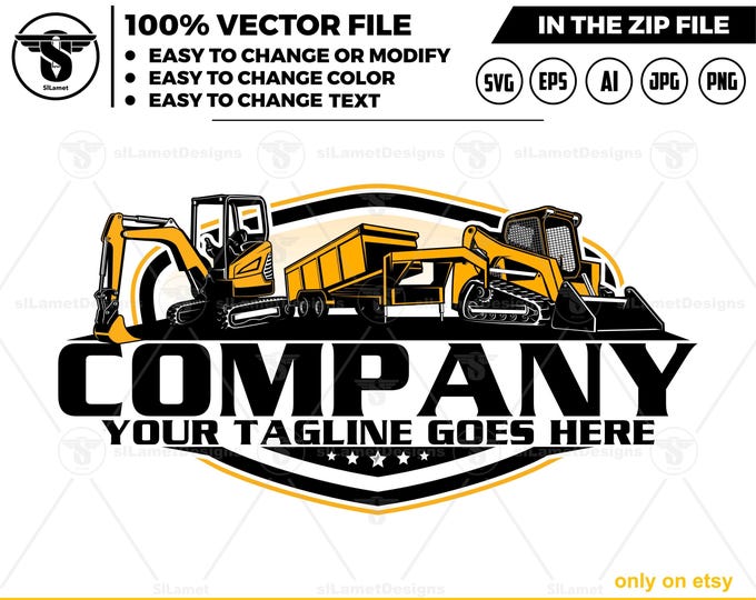 equipment vehicles logo - Skid steer loader, gooseneck dump trailer,  dump trailer, mini excavator - heavy equipment svg