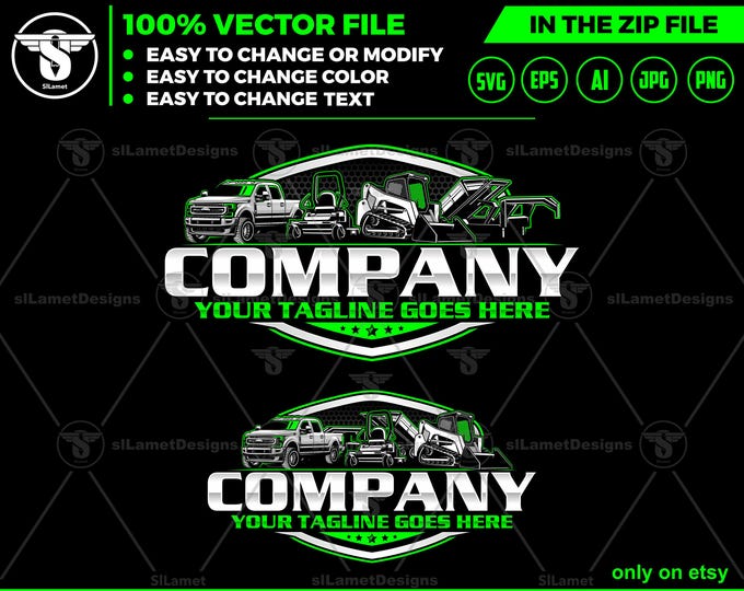 Compact Equipment logo - equipment vehicles logo - Skid steer loader, zero turn mowers, lawn mower, pickup, dump trailer