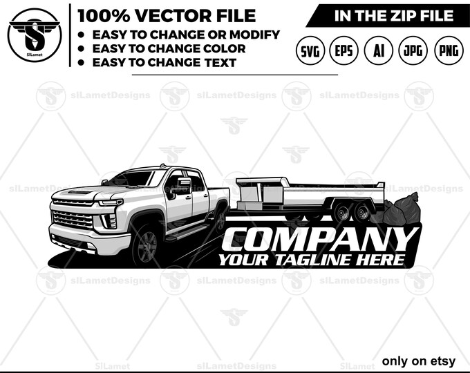 pickup and dump trailer logo - pickup and trailer logo - dump trailer services logo - dump junk services logo - dump trailer - chevrolet