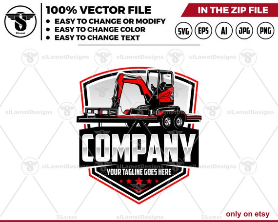 Mini Excavator Trailering Logo - Loading Mini Excavator Logo - Bumper Pull Trailer Equipment Design - Compact Machine Transport Icon