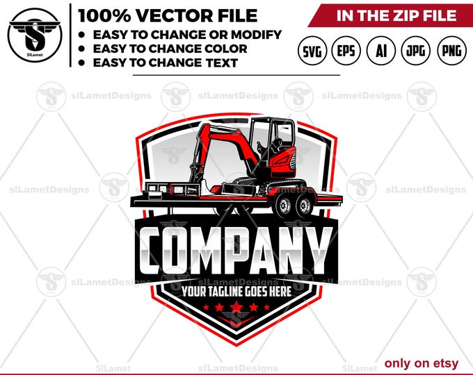 Mini Excavator Trailering Logo - Loading Mini Excavator Logo - Bumper Pull Trailer Equipment Design - Compact Machine Transport Icon