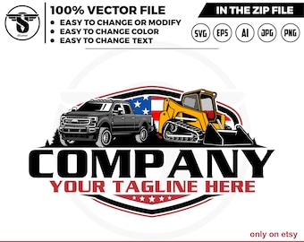 May include: A black pickup truck and a yellow skid steer loader are positioned in front of an American flag. The vehicles are surrounded by green bushes and the text "COMPANY YOUR TAGLINE HERE" is displayed in a black oval with a red border.