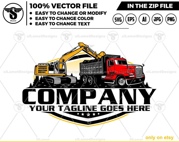 excavator loading dump truck logo - dump truck and excavator logo - digging logo - earth digging logo - dump truck svg - excavator svg