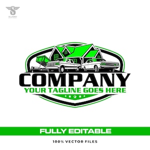 May include: A logo design featuring a house with green roofs, a truck, a car, and a trailer. The word "COMPANY" is in bold black letters, with "YOUR TAGLINE GOES HERE" below. The text "FULLY EDITABLE" and "100% VECTOR FILES" are also included.