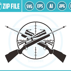 スナイパーライフル SVG - ターゲット SVG、ライフル SVG ファイル、鹿狩り SVG、クリカット ライフル SVG、ライフル カット ファイル、スナイパーライフル SVG、野生動物 SVG