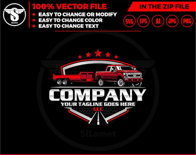 pickup and dump trailer logo, pickup and trailer logo - trailer towing logo - towing Company Logo - pickup and flatbed trailer - ford