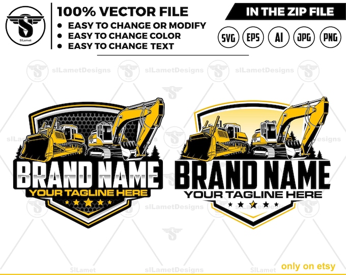 Bulldozer and excavator logo - Heavy Equipment logo - Construction Logo