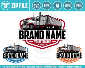 May include: A logo design featuring a white semi-truck with a red, white, and blue color scheme. The truck is driving on a road with a red, white, and blue shield behind it. The text "BRAND NAME" is written in black letters above the truck. The text "YOUR TAGLINE HERE" is written in black letters below the truck.