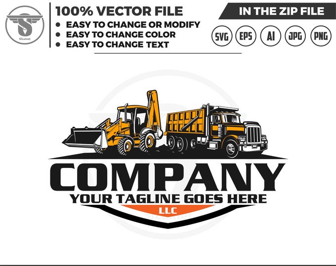 Backhoe & Dump Truck Logo: Excavation Construction Vector Designs (SVG, EPS, PNG)