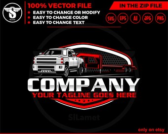 May include: A red and white logo featuring a white pickup truck towing a red trailer. The logo reads "COMPANY" in silver lettering with the text "YOUR TAGLINE GOES HERE" underneath. The logo is set against a black background.