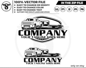 May include: Black and white vector illustration of a pickup truck towing a flatbed trailer. The truck has a company logo with the text "COMPANY" and "YOUR TAGLINE GOES HERE".