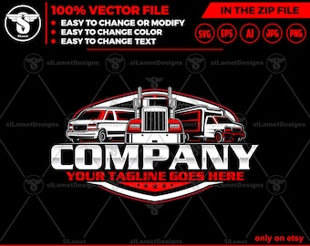 May include: A vector graphic design featuring a red and white semi-truck, a white van, and a white pickup truck. The word "COMPANY" is displayed in bold, white letters, with "YOUR TAGLINE GOES HERE" in red. The design includes the text "100% VECTOR FILE".