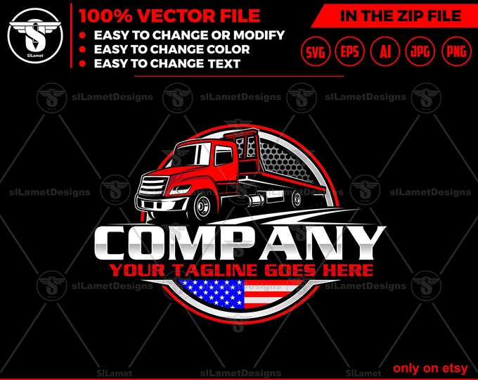 America Tow Flatbed Truck Logo - USA Towing Logo - Flatbed Hauling logo - Patriotic Tow Truck - Roadside Recovery logo