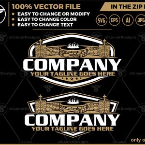 May include: A logo design featuring a stone fire pit with a flame, surrounded by a stone wall and two lamp posts. The text "COMPANY" and "YOUR TAGLINE GOES HERE" is displayed in a white font on a gold background.