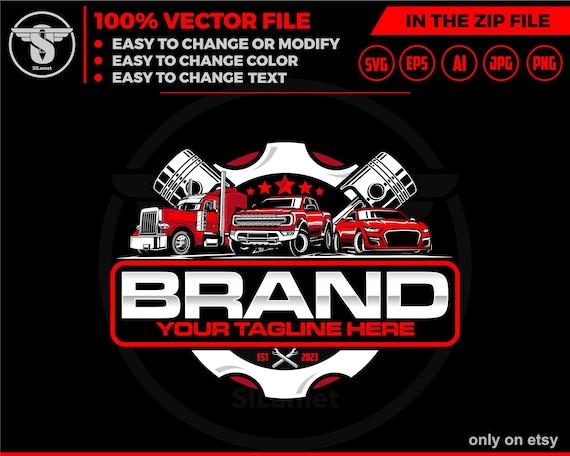 car service logo, car repair logo template,automotive logo, truck trailer, sport car and pickup, piston logo