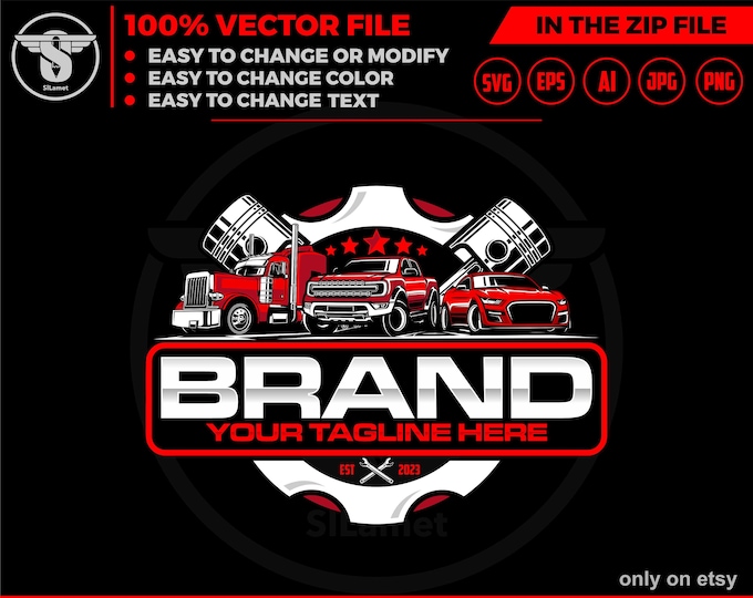 car service logo, car repair logo template,automotive logo, truck trailer, sport car and pickup, piston logo
