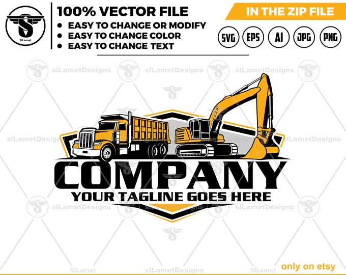 Minimalist excavator and dump truck logo - equipment vehicles logo - heavy equipment : Simple, Clean logo