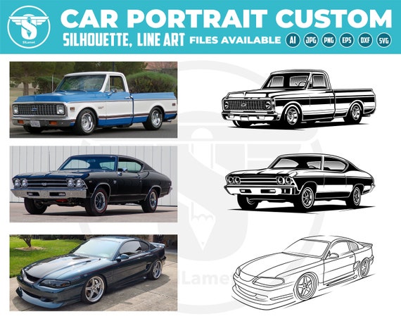 I will turn your car photo into a very detailed silhouette image, Custom Car Vehicle to Digital silhouette and line art, custom car