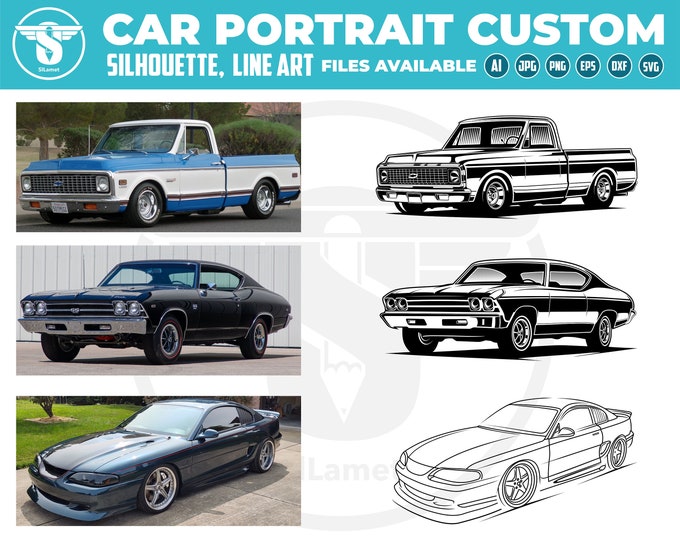 I will turn your car photo into a very detailed silhouette image, Custom Car Vehicle to Digital silhouette and line art, custom car