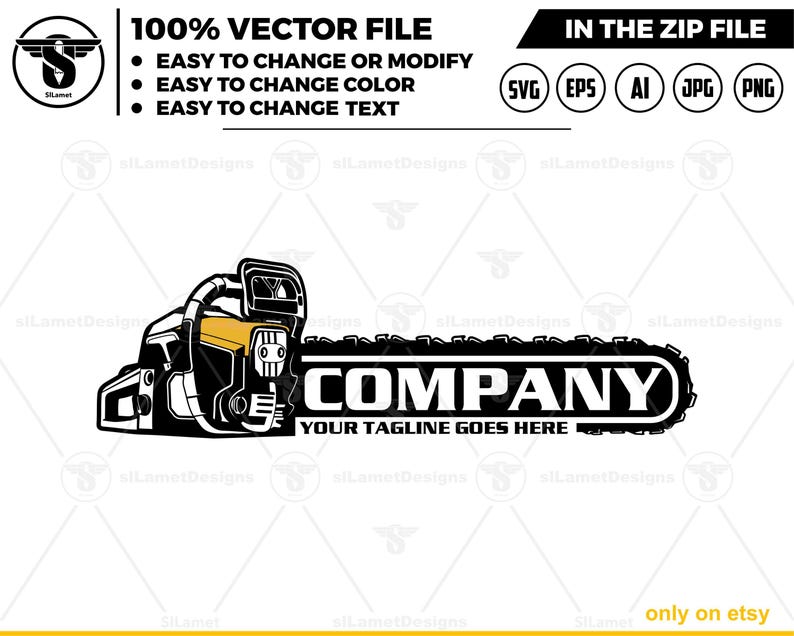 May include: Black and white logo design featuring a chainsaw with the text "COMPANY" and "YOUR TAGLINE GOES HERE" below it.