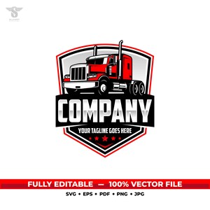 Puede incluir: Un logotipo gráfico que presenta un camión rojo sobre una pancarta negra con la palabra COMPANY en letras mayúsculas blancas. Debajo, el texto YOUR TAGLINE GOES HERE aparece sobre tres estrellas rojas, todo dentro de un escudo.