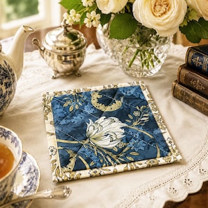 William Morris-Style Navy Floral Teapot Mat | Insulated Trivet | Handmade Quilted Tea Pot Stand